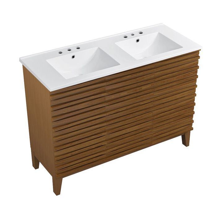48 in. Brown Oak, Double Basin Bathroom Vanity, White, 3-Hole Ceramic Sink Top