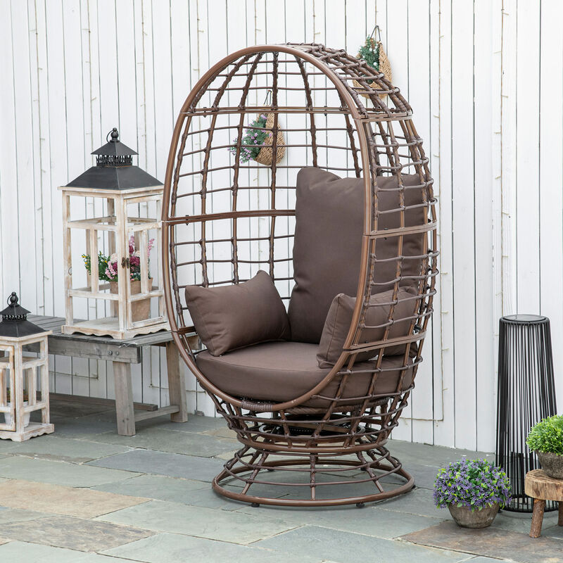 Outsunny Wicker Egg Chair, 360 Rotating Indoor Outdoor Boho Basket Seat with Cushion and Pillows for Backyard, Porch, Patio, Garden, Handwoven All-Weather PE Rattan, Steel Frame, Brown
