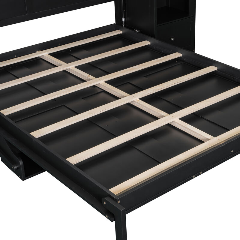 Merax Bed with Shelf, Side Cabinets, Drawers and LED