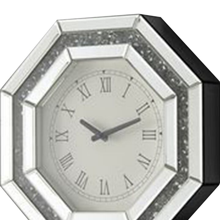 Wall Clock with Mirror Trim and Octagonal Shape, Silver-Benzara