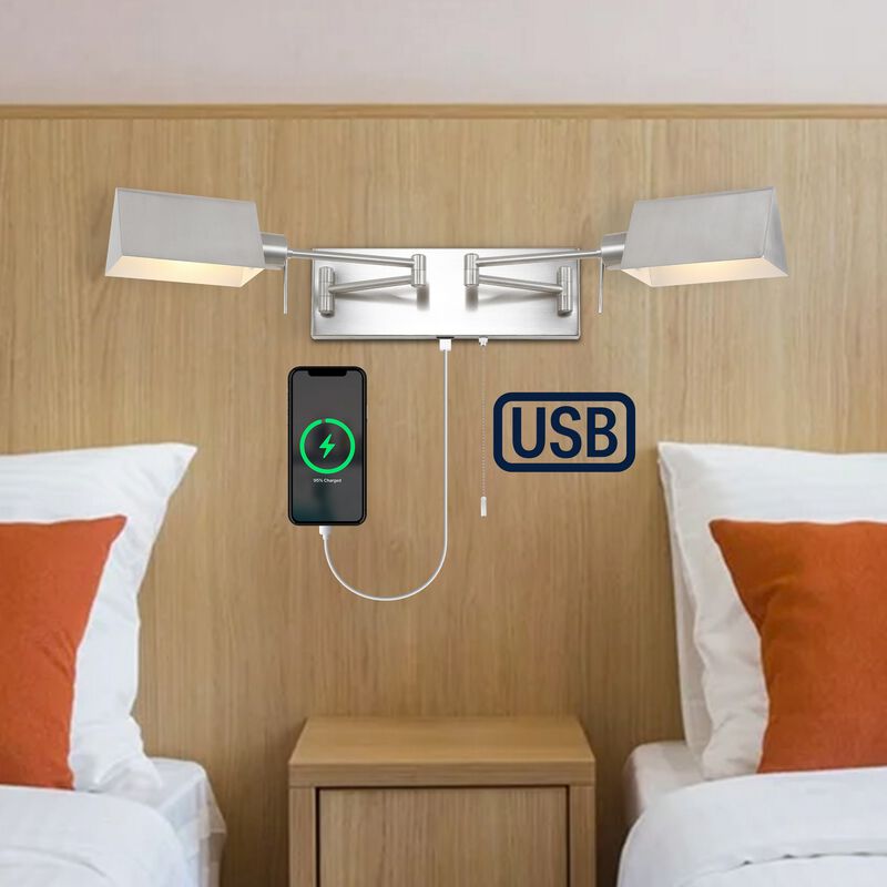 Arlo 54" 2-Light Farmhouse Industrial Double Swing Arm Iron LED Wall Sconce with Pull-Chain USB Charging Port