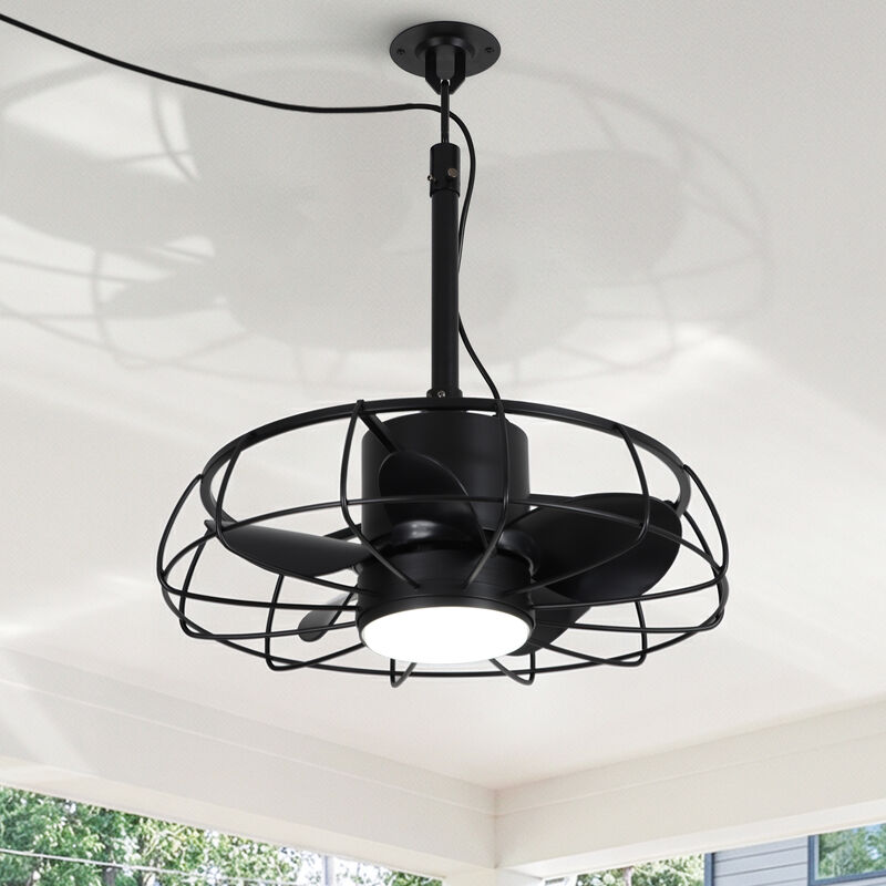 21" Modern Black Dimmable Reversible Wet Outdoor Caged Hook Ceiling Fan with Light and Plug in image number 1