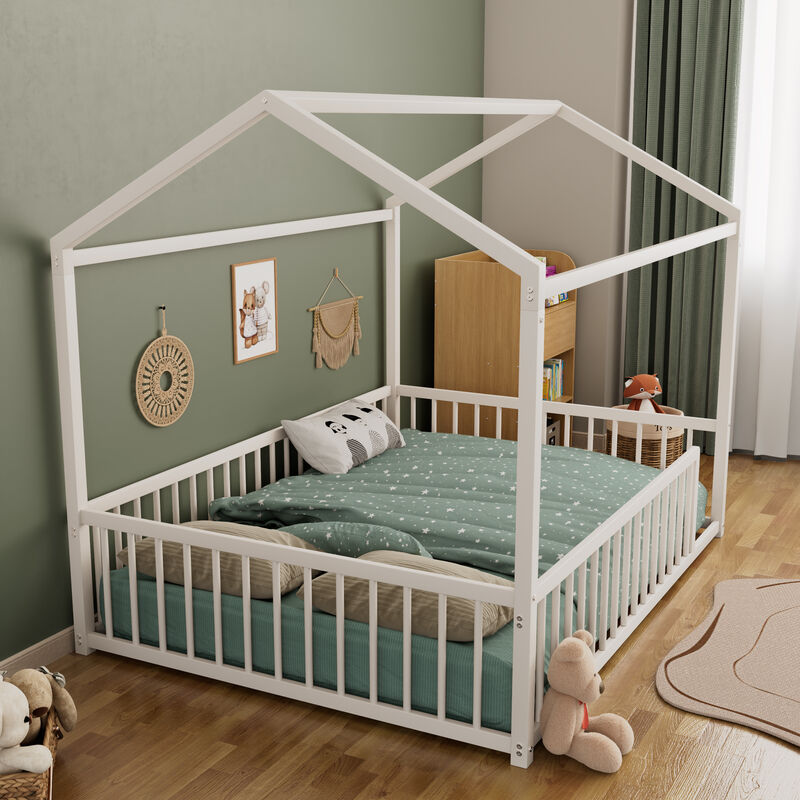 Merax Montessori Style Metal Floor Bed Frame, House Shaped Bed with Fence for Kids and Toddlers image number 5
