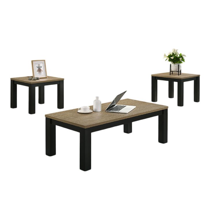 Tex 3pc Coffee and Side End Table Set, Brown Top, Black Wood Legs