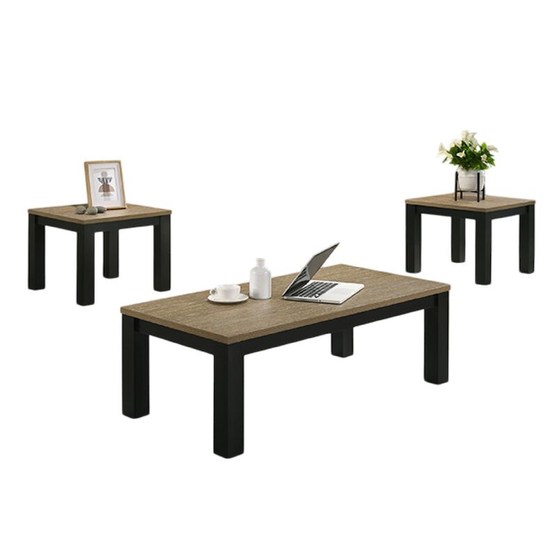 Tex 3pc Coffee and Side End Table Set, Brown Top, Black Wood Legs