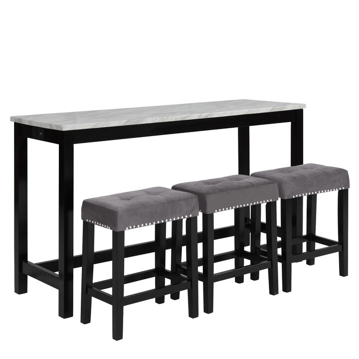 Kate 60 Inch 4 Piece Bar Table Set with Upholstered Stools, Gray-Benzara