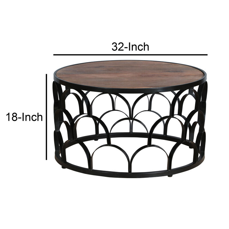 32 Inch Round Coffee Table, Mango Wood Top, Lattice Cut Out Metal Frame, Brown, Black image number 6
