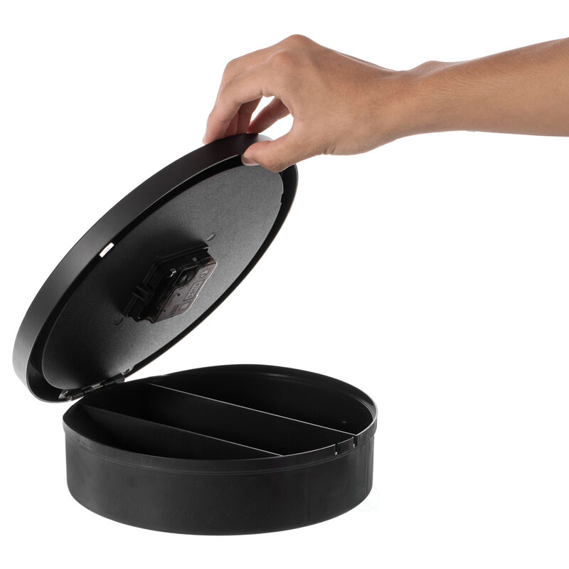 Contemporary Black Wall Mounted Plastic Clock with Hidden Storage Door - Secret Interior Compartment, Hidden Safe for Storing Valuables - 10 Inch Dia - Stylish Home Security and Organization Solution with Modern Elegance