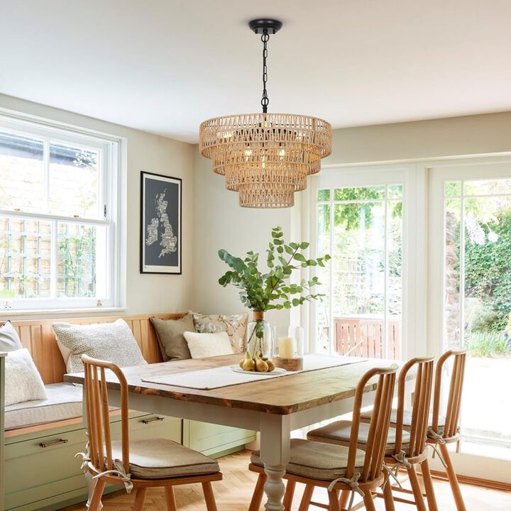 ELEMENT ACE 6-Light Boho Rattan Chandelier with 4-Tier Hand-Woven Wicker Lampshade, Adjustable Pendant Light Fixture for Dining Room, Bedroom, Kitchen, Living Room