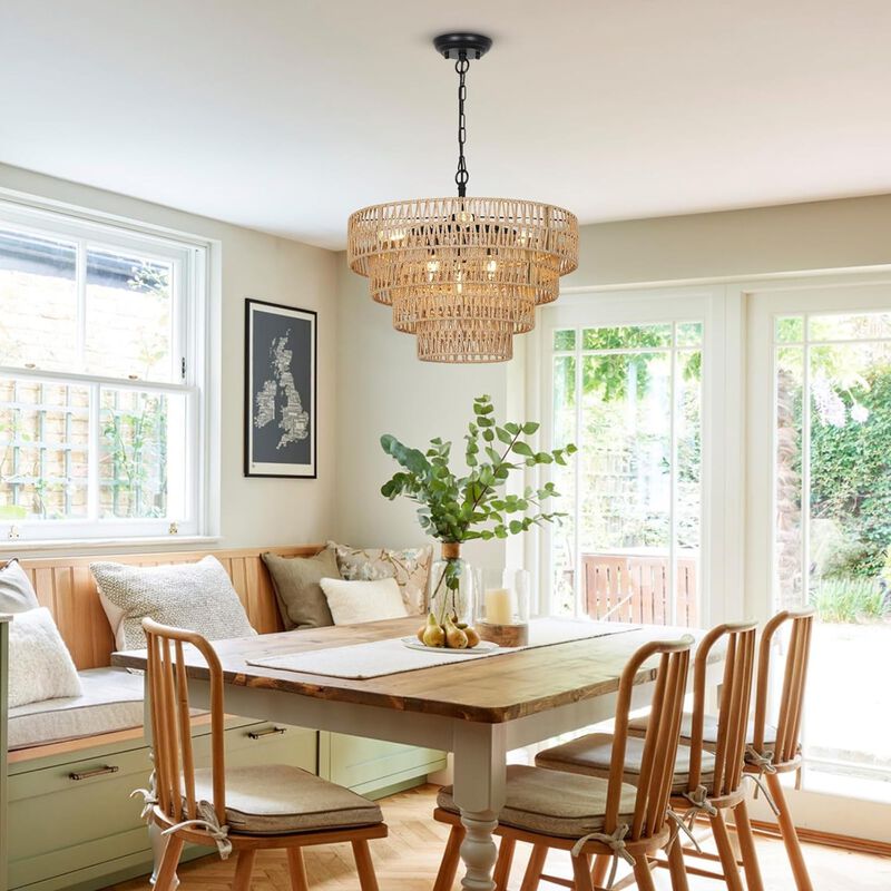 ELEMENT ACE 6-Light Boho Rattan Chandelier with 4-Tier Hand-Woven Wicker Lampshade, Adjustable Pendant Light Fixture for Dining Room, Bedroom, Kitchen, Living Room image number 1