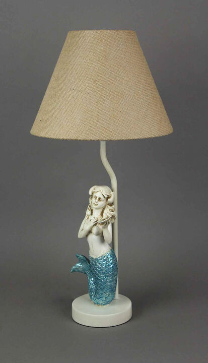Set of 2 Blue Glitter Tail Mermaid Table Lamps Coastal Beach Decor Burlap Shade