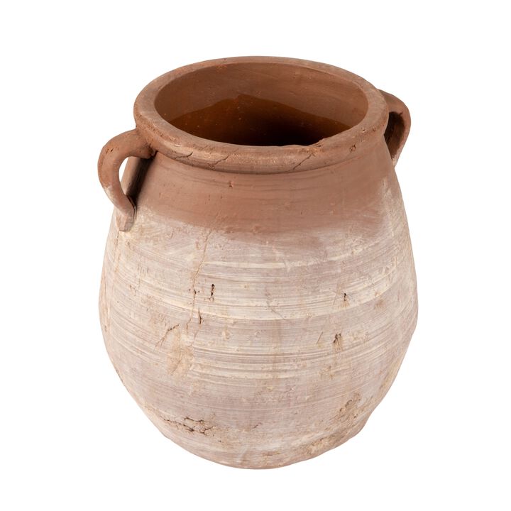 Large Round Terra-cotta Urn, Orange and Whitewashed