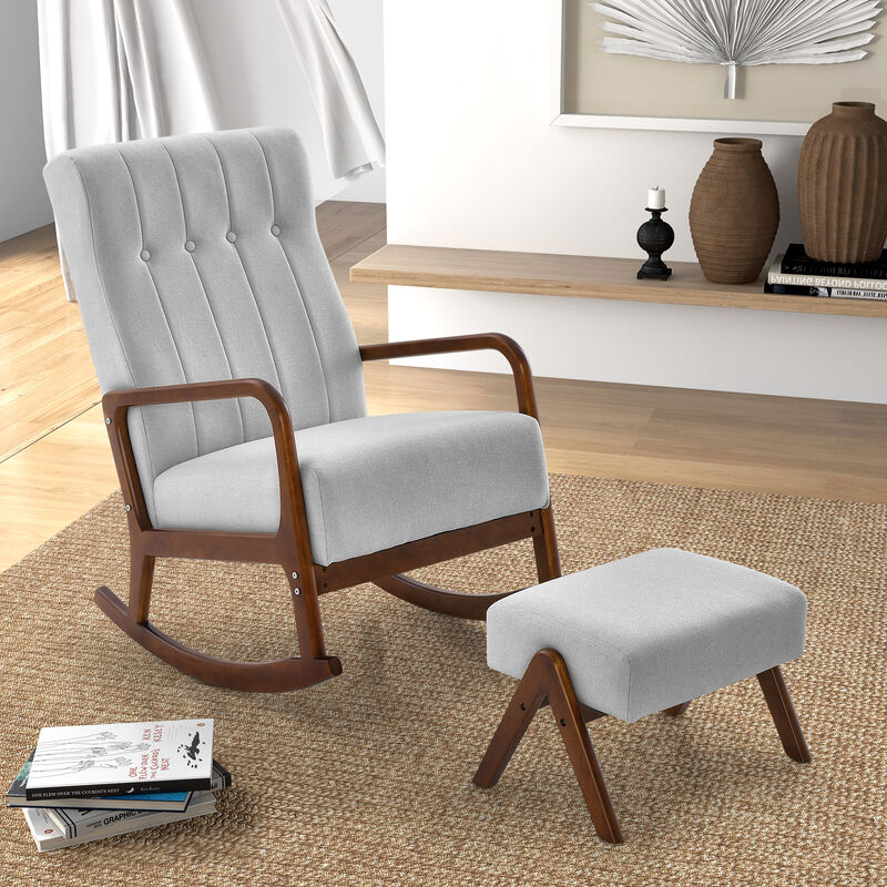 Rocking Chair with Ottoman and Solid Rubber Wood Frame and Padded Cushion-Grey