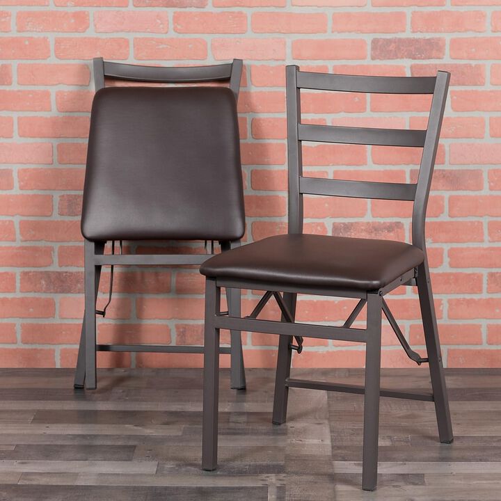 Flash Furniture HERCULES Series Brown Folding Ladder Back Metal Chair with Brown Vinyl Seat