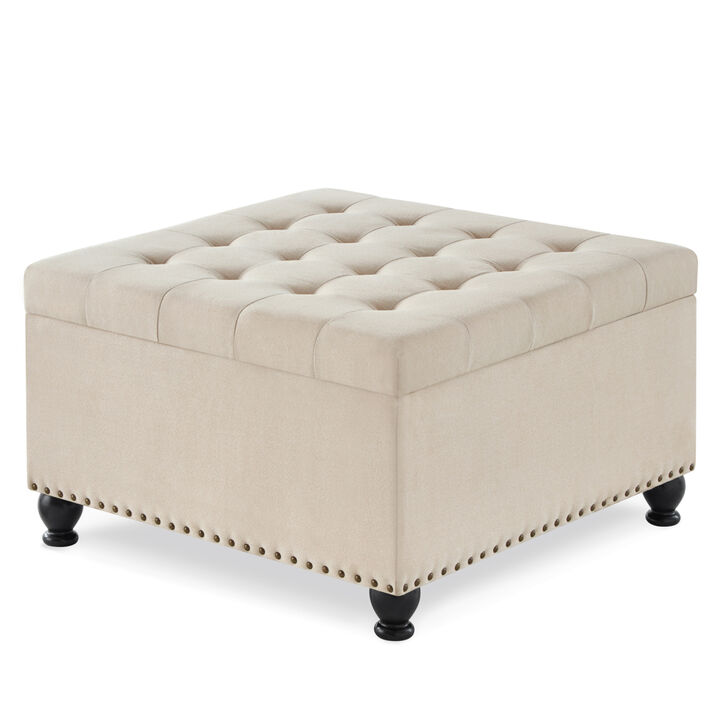 Streamdale Beige upholstered storage ottoman with wooden legs