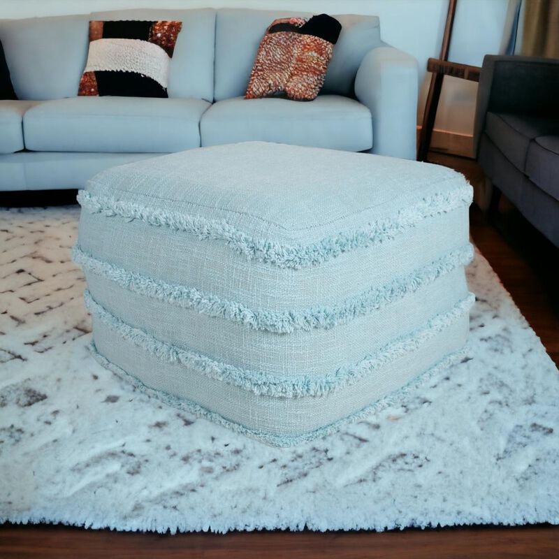 Hivvago 18 Inch Blue Cotton Striped Pouf Ottoman