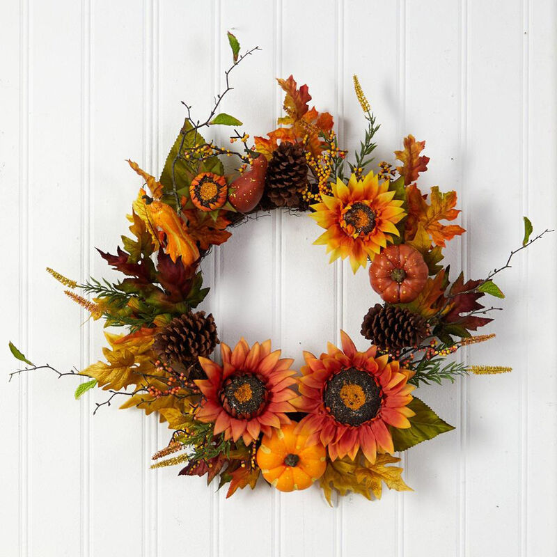 Nearly Natural 24-in Fall Sunflower, Pumpkin, Gourds, Pinecone and Berries Autumn Artificial Wreath