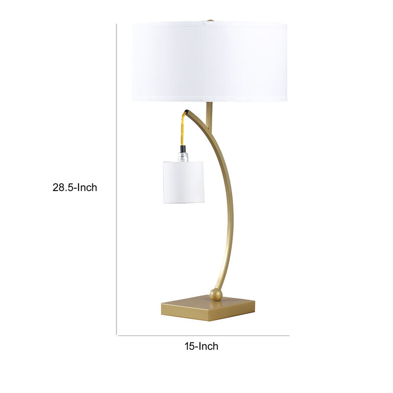 Jiya 29 Inch Arc Table Lamp, Hanging Design, 2 White Drum Shades, Gold - Benzara