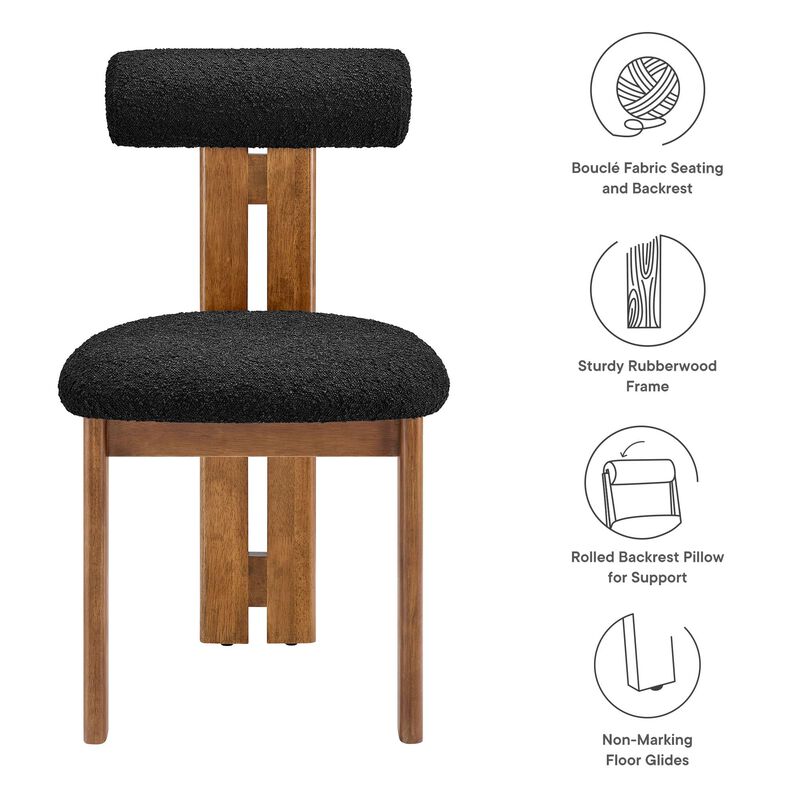 Modway Torian Upholstered Boucle Dining Chairs Set of 2 in Walnut Black - 3-Legged Farmhouse Kitchen Chairs - Mid-Century Modern Armless Accent Chairs - Comfortable Side Chairs with Wood Legs image number 4