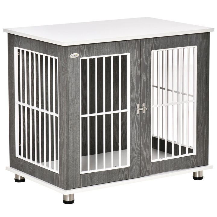 34'' Wooden Dog Cage, Modern Wire Dog Crate, Pet Kennel with Door, Lock, Adjustable Foot Pads, for Small and Medium Dogs, Grey and White