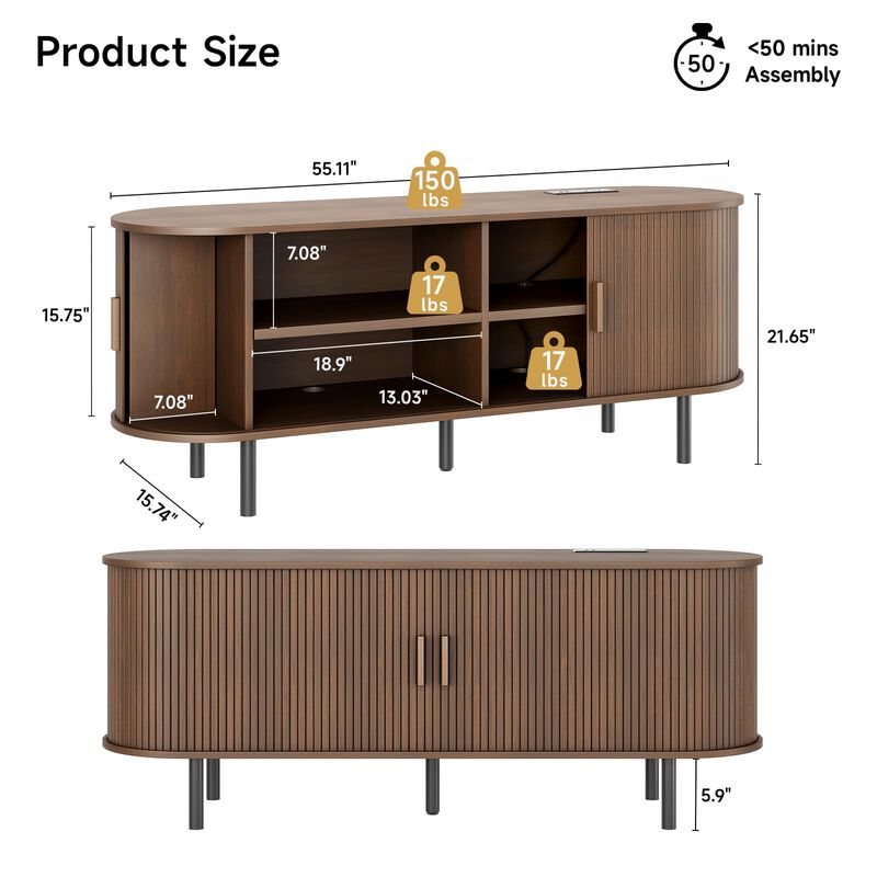 55" TV Stand with Power Outlet, Sliding Doors, 6-Storage Media Console image number 2