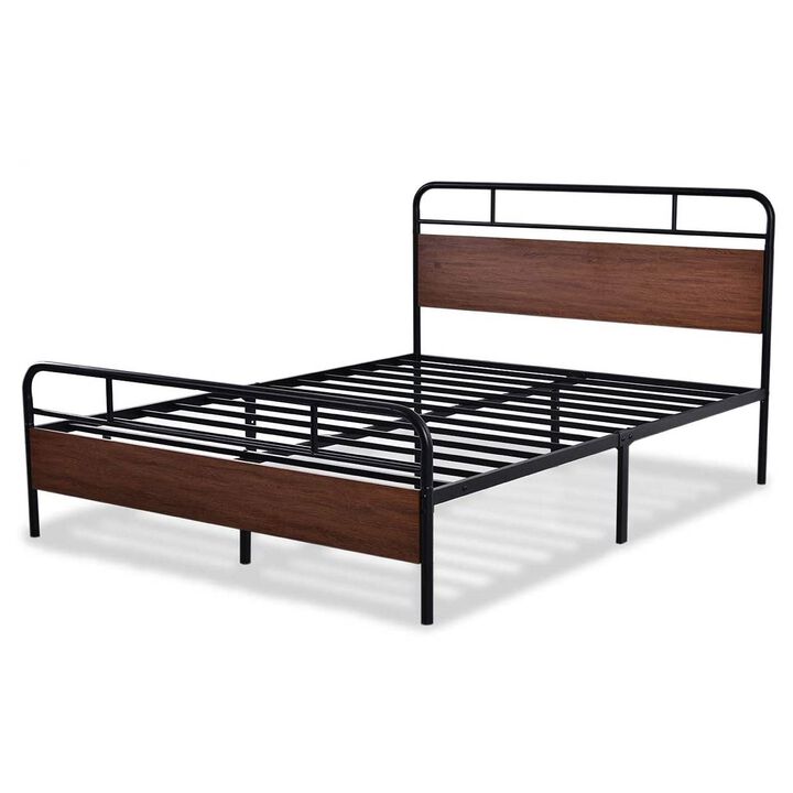 QuikFurn Full Size Industrial Metal Wood Platform Bed Frame with Headboard and Footboard