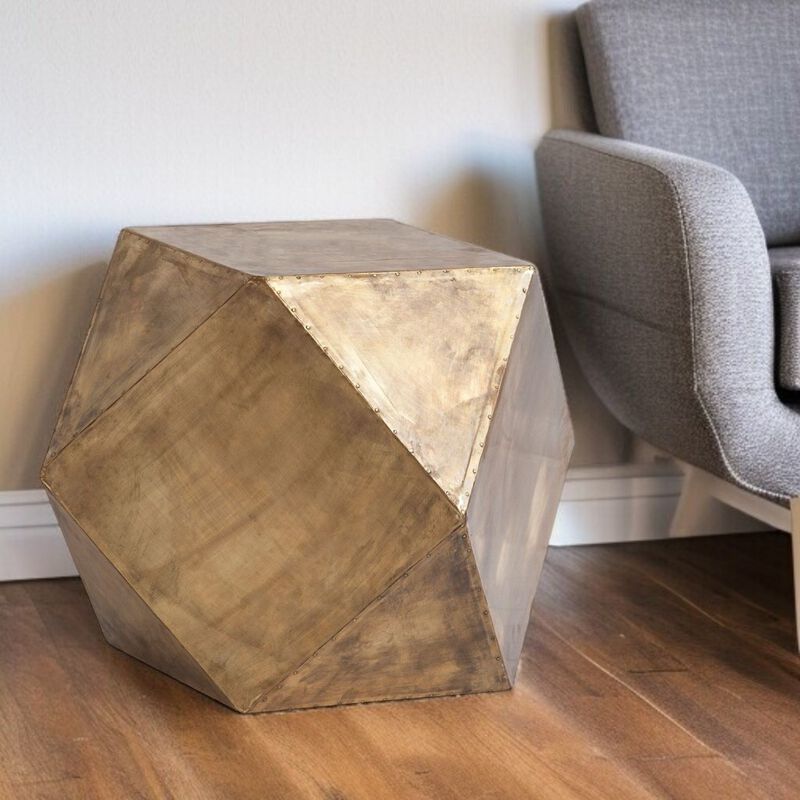 Square Block End Table in Distressed Brass Finish &ndash; Industrial Chic