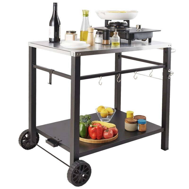 Modular Outdoor Grill Cart &ndash; Stainless Steel Worktable with Shelves, Handle, and Wheels for Pizza Oven & BBQ Setup