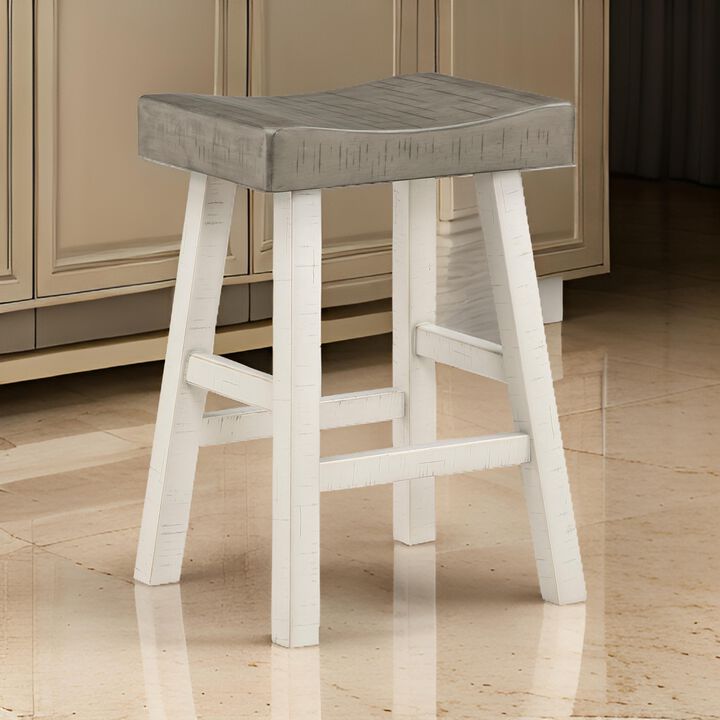 Casy 25 Inch Counter Height Stool, Saddle Seat, White Rubberwood, Set of 2