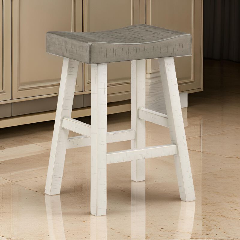 Casy 25 Inch Counter Height Stool, Saddle Seat, White Rubberwood, Set of 2