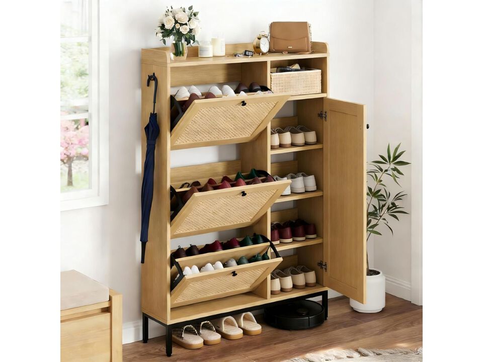 Slim Entryway Shoe Storage Cabinet 4 Tier Flip Drawer Adjustable Shelves