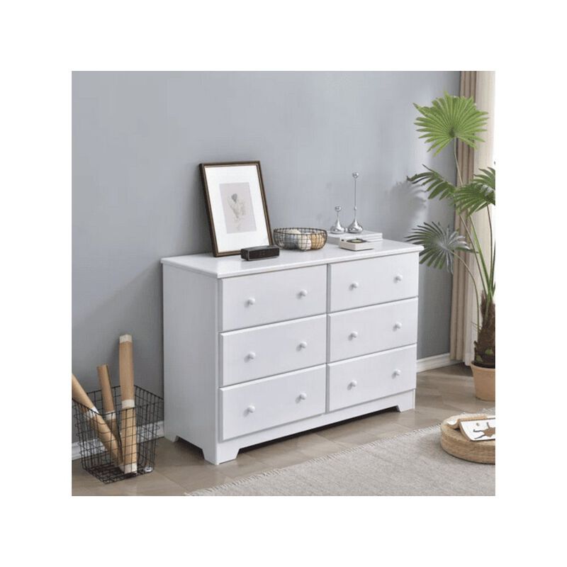 6 Drawer Solid Wood Double Dresser in White Color
