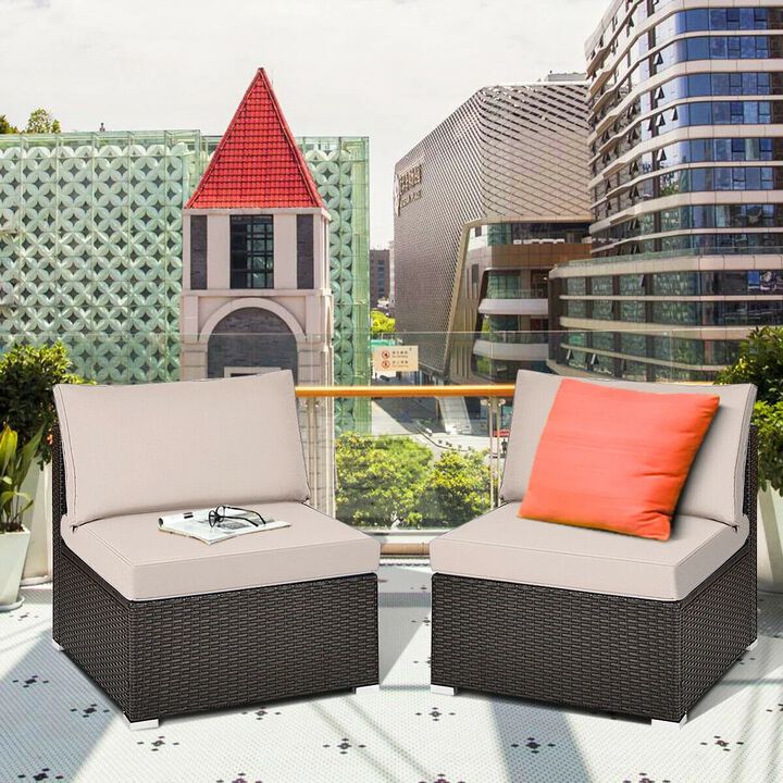 Mondawe 2 Pieces Patio Rattan Armless Sofa Set with 2 Cushions and 2 Pillows