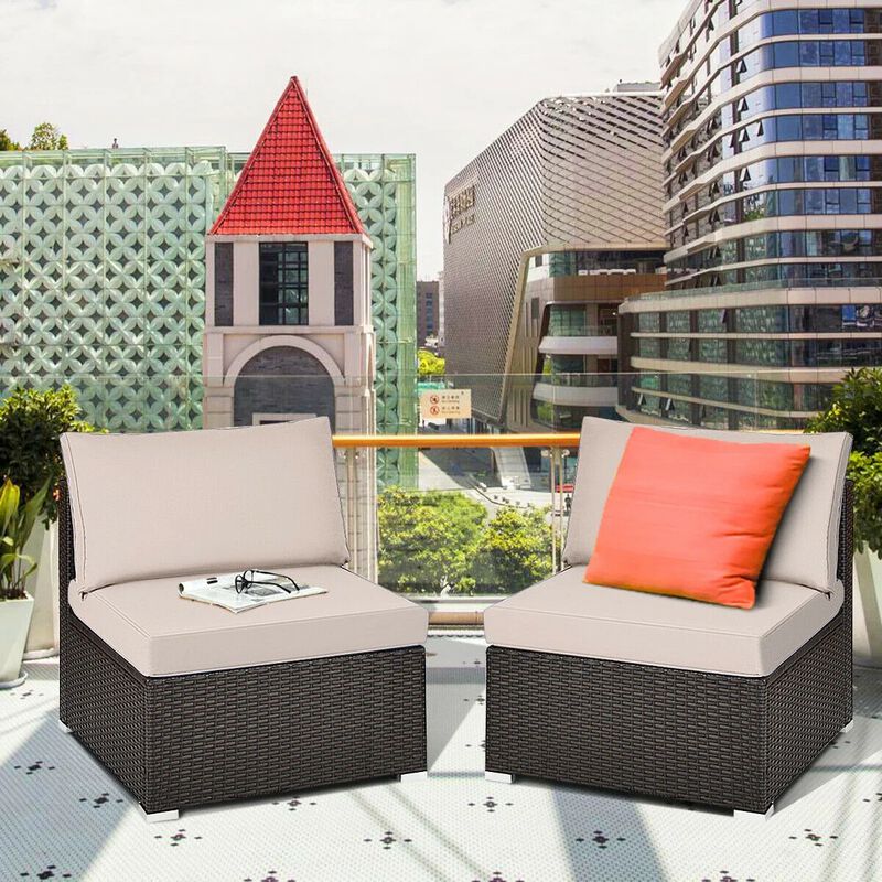 Mondawe 2 Pieces Patio Rattan Armless Sofa Set with 2 Cushions and 2 Pillows