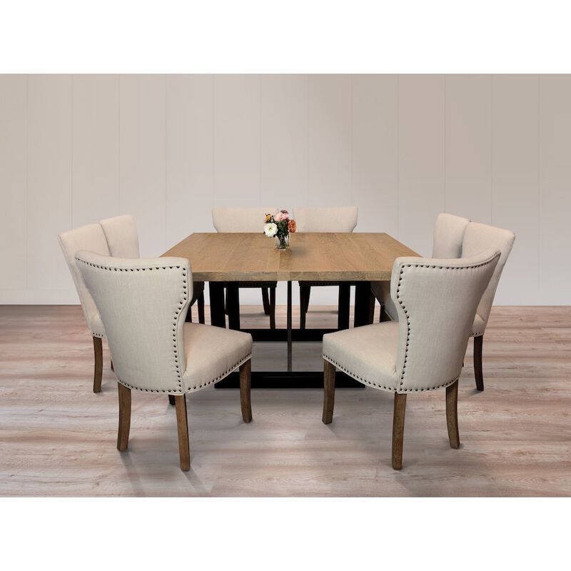 9-Piece Dining Set 8 Jill Dining Chairs in Ivory Fabric Dark Brown Legs
