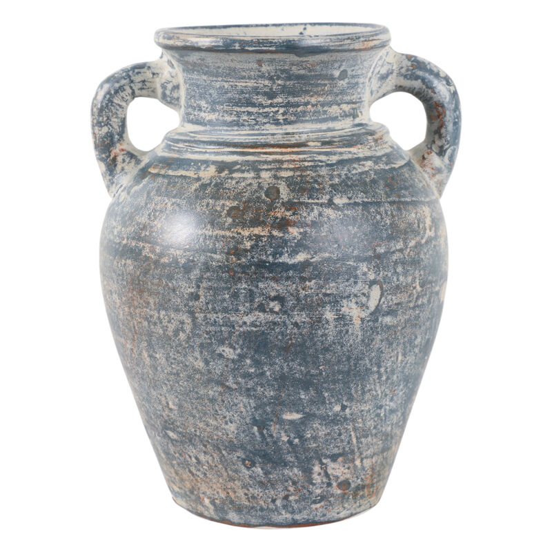 Terracotta, 9" Vase With Handles, Blue/white image number 3