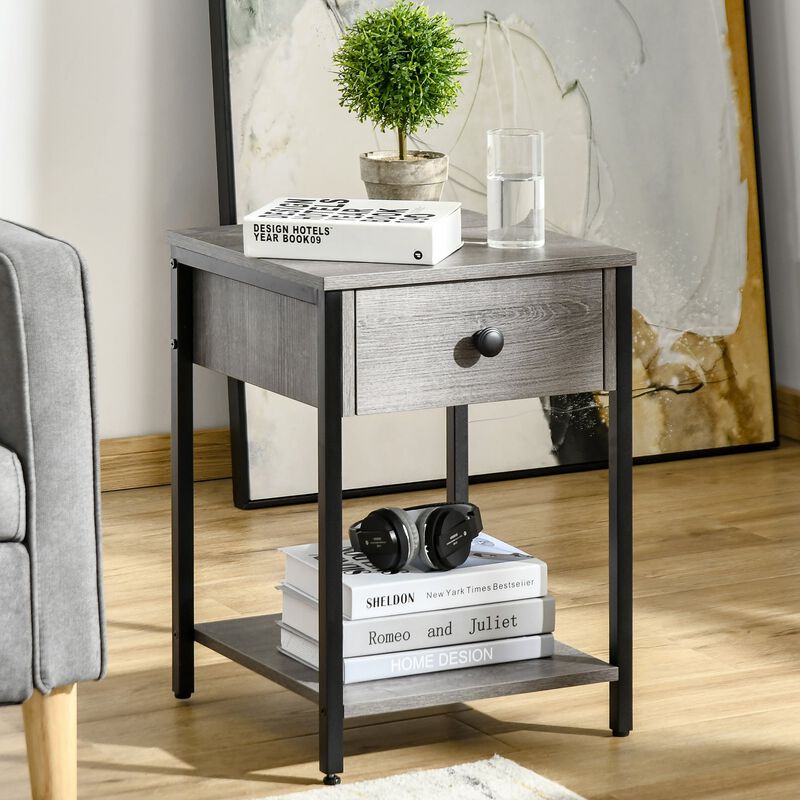 Grey Industrial Table: End Table with Drawer and Storage Shelf