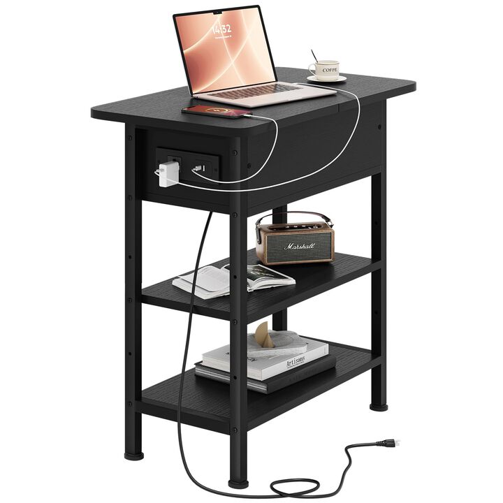 GRUSIGN End Table with Charging Station, Flip Top Side Table with USB Ports and Outlets, 3-Tier Small Side Table with Storage fo
