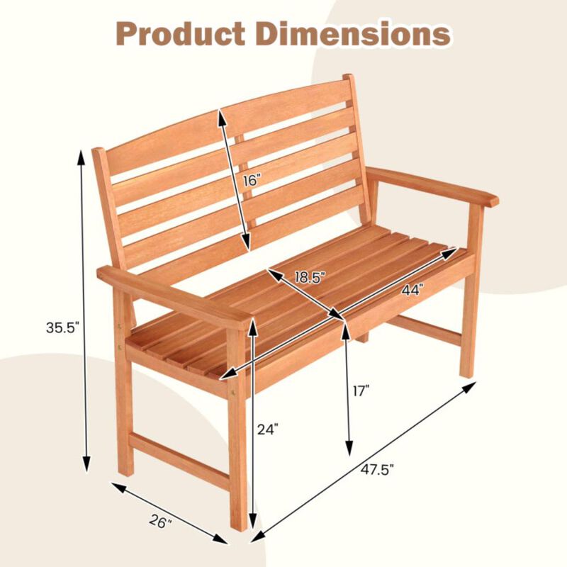 Hivvago 2-Person Wooden Garden Bench with Slatted Backrest and Comfortable Armrests