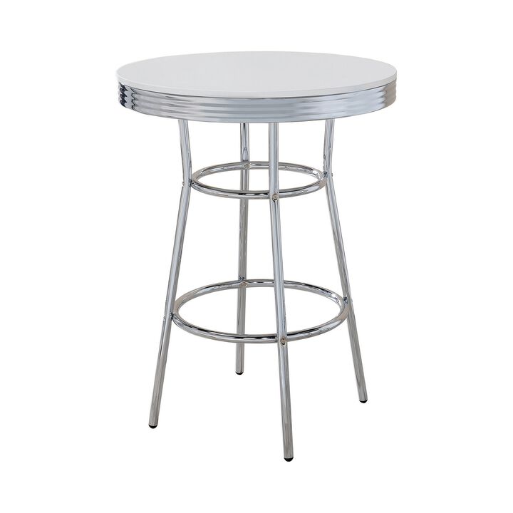 42 Inch Round Bar Table, Ribbed Apron, Glossy White Lacquer, Retro Style - Benzara