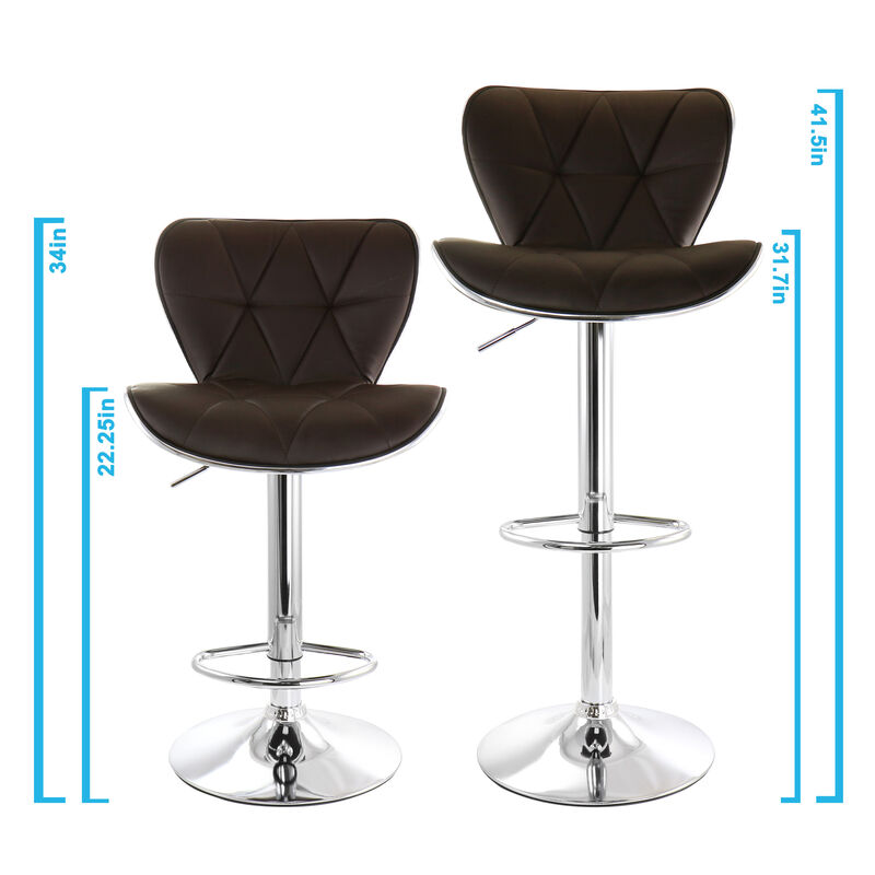 Elama 2 Piece Diamond Tufted Faux Leather Adjustable Bar Stool in Brown with Chrome Trim and Base