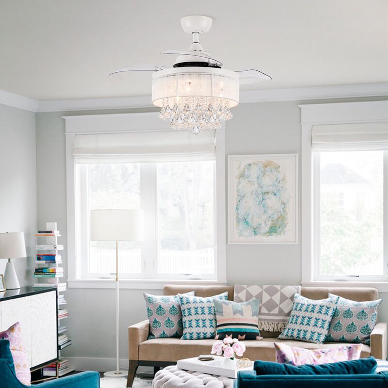 36 in. White Retractable 3 Blades Crystal Ceiling Fan Chandelier with Remote