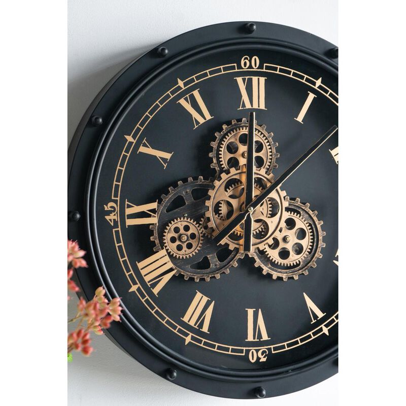 HomeRoots 20" Circle Black and Gold Metal and Glass Analog Wall Clock image number 3