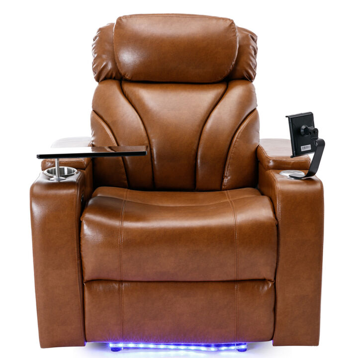 Power Motion Recliner with USB Charging Port and Hidden Arm Storage, Home Theater Seating with Convenient Cup Holder Design, and stereo(Light Brown)