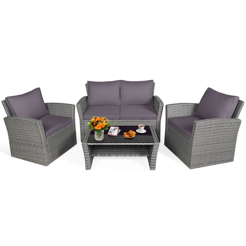 4 Pieces Patio Rattan Furniture Set Sofa Table with Storage Shelf Cushion image number 0