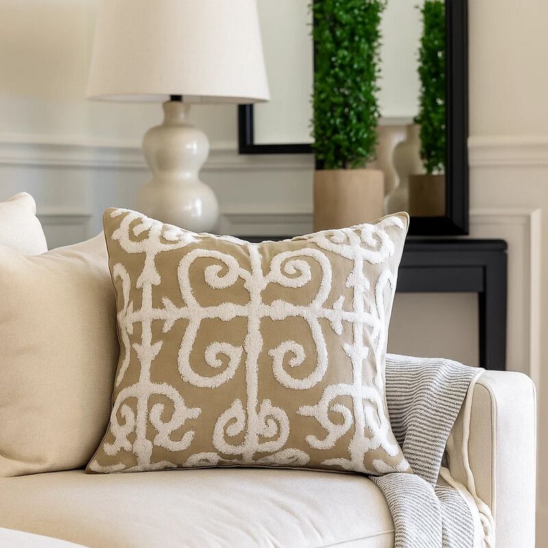 20 X 16 Inch Cotton Pillow with Vermicular Pattern, Brown and White image number 6