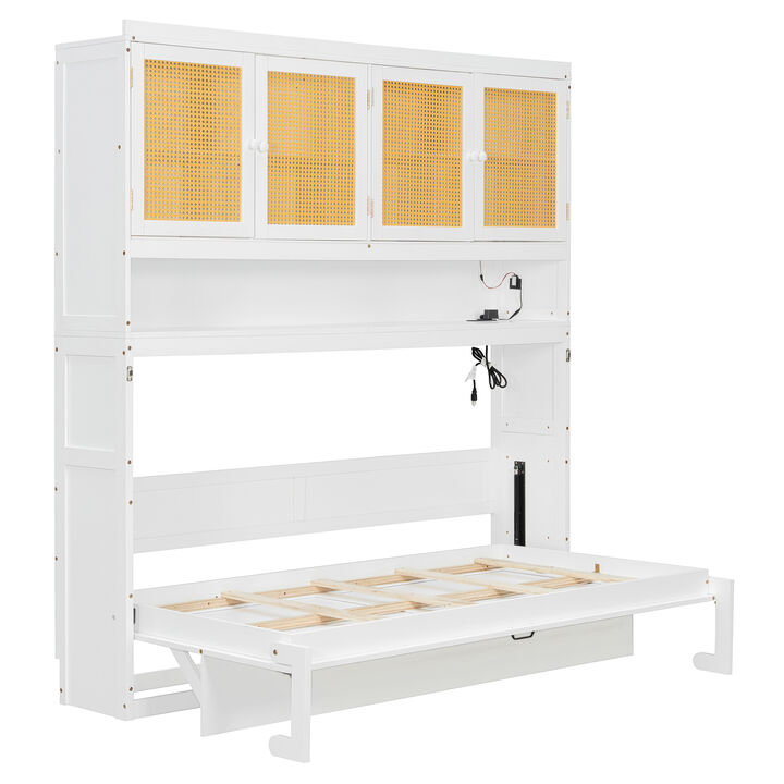 Whisen Twin Size Murphy Bed with Top Cabinet, Desk, LED & USB, MDF/LVL, Space-Saving for Apartments