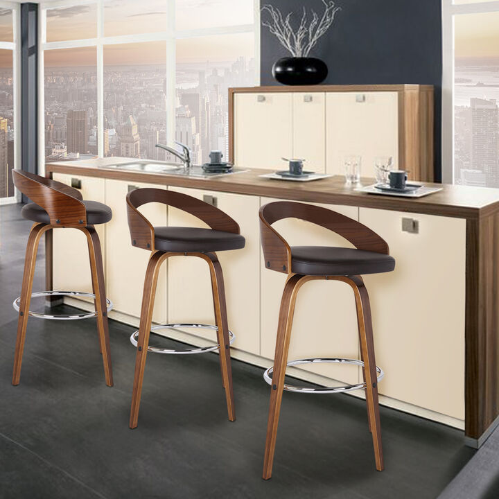 Sonia Bar Height Swivel Brown Faux Leather and Walnut Wood Bar Stool