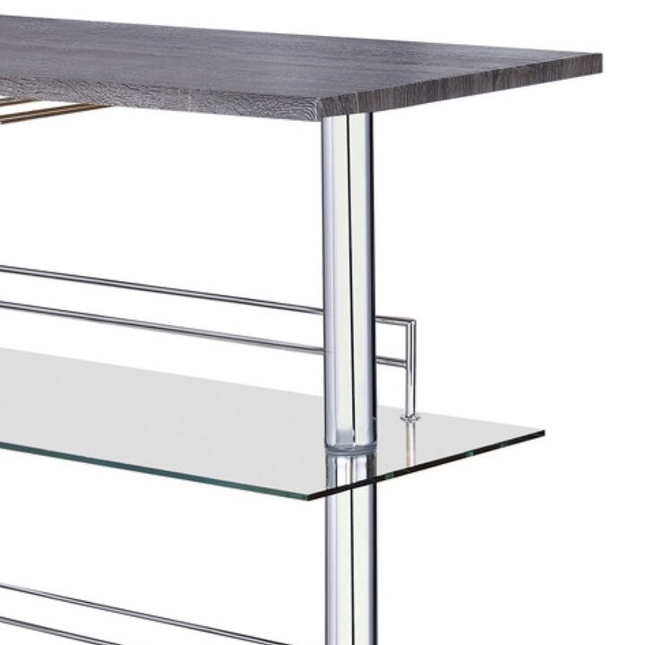 Radiant Rectangular Bar Table with 2 Shelves and Wine Holder, Gray-Benzara