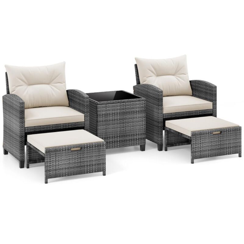 5 Piece Patio Rattan Furniture with 2 Ottomans and Tempered Glass Coffee Table image number 0